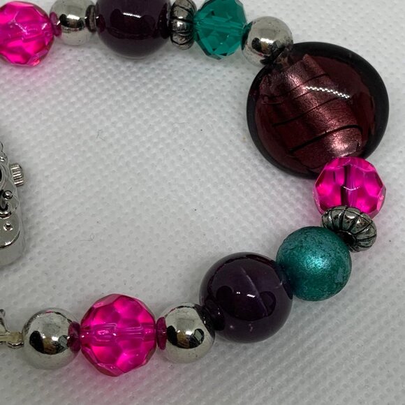 Swap silver tone women watch 28mm mop dial quartz colorful beads size 7”running - Picture 3 of 5